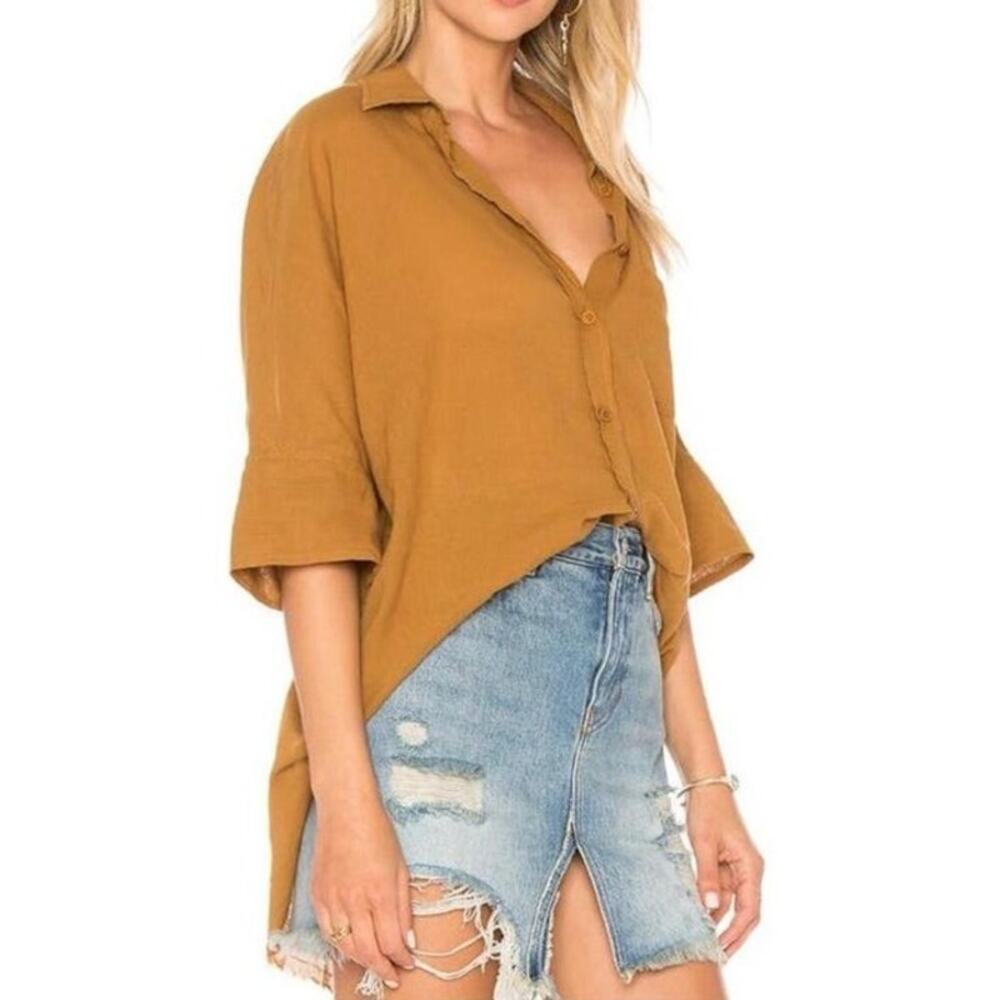 ✨️SALE✨️Free People Mustard Gauzey Button Up Raw Hem Oversized Women's Sz Med